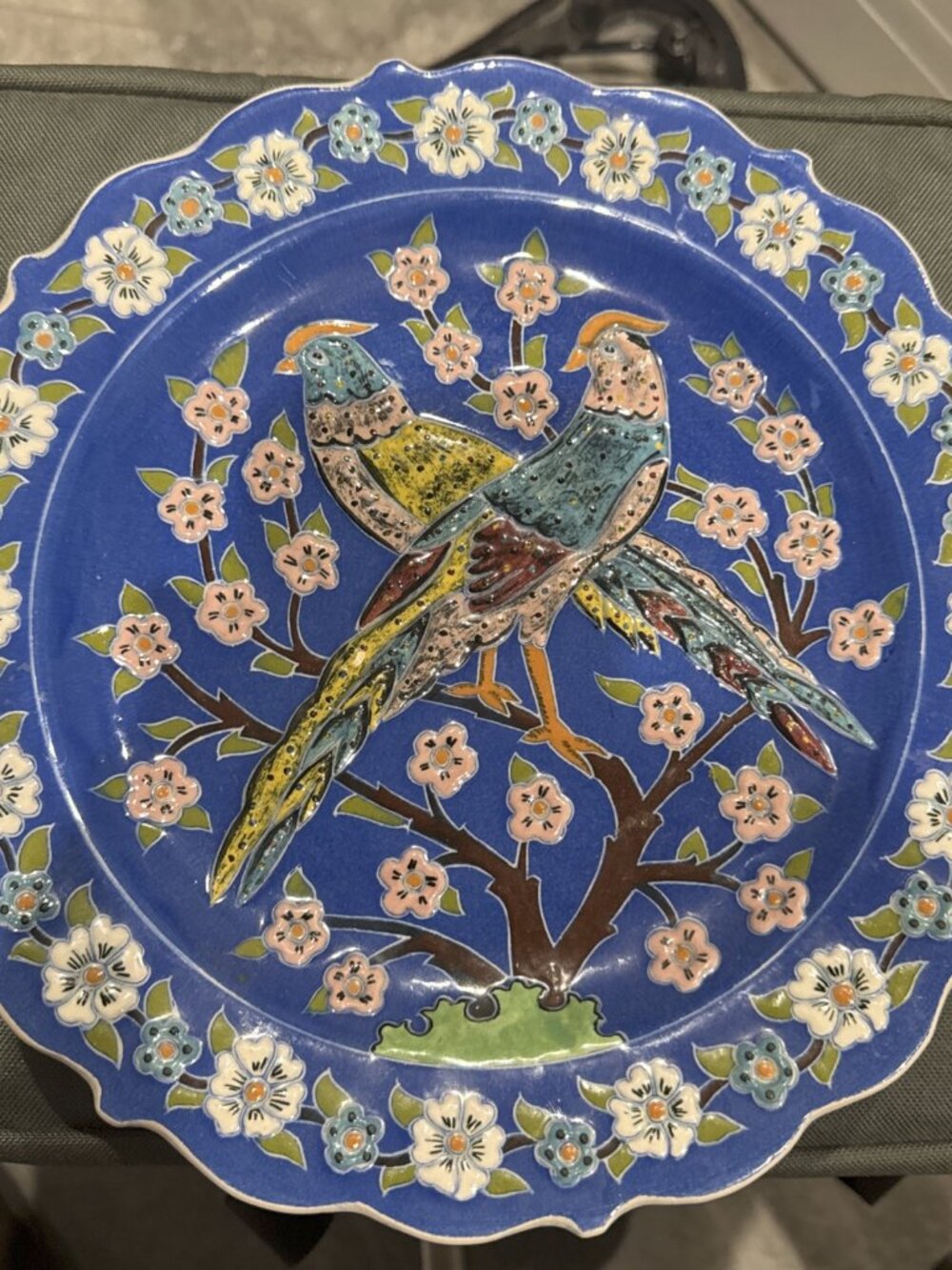 The VTG Turkmen Cini Hand Painted Kutahya Turkish Ceramic Plate Stylized Pheasan